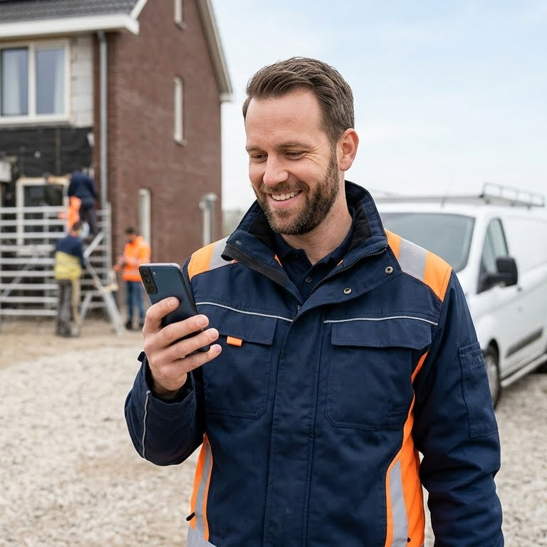 Vakman maakt een offerte op de bouwplaats met SlimOffertes op zijn telefoon